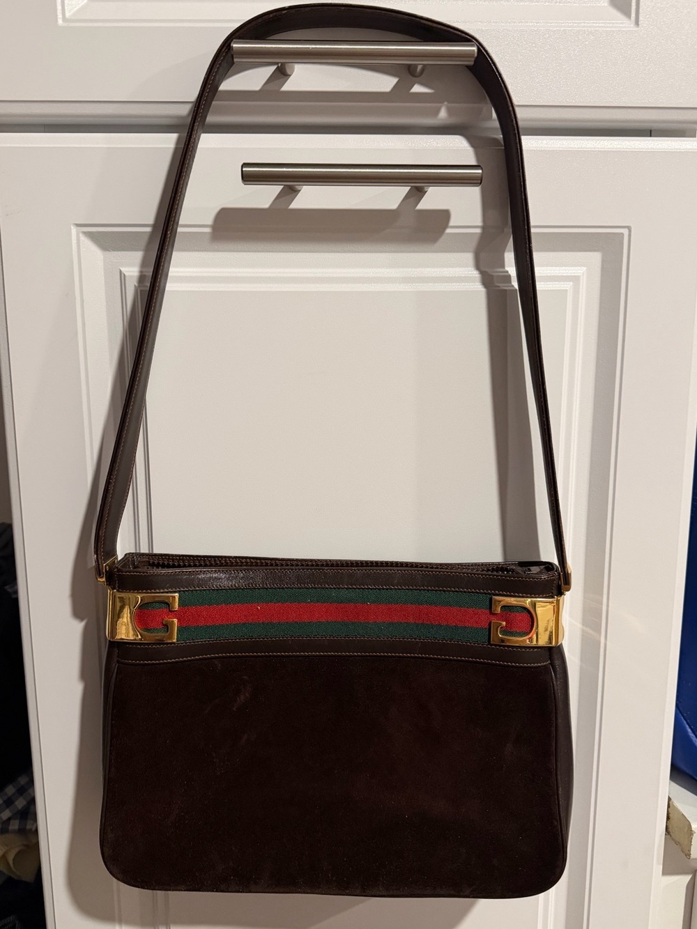 Gucci Dark Brown Suede Messenger Bag with Green-Red Web Stripe